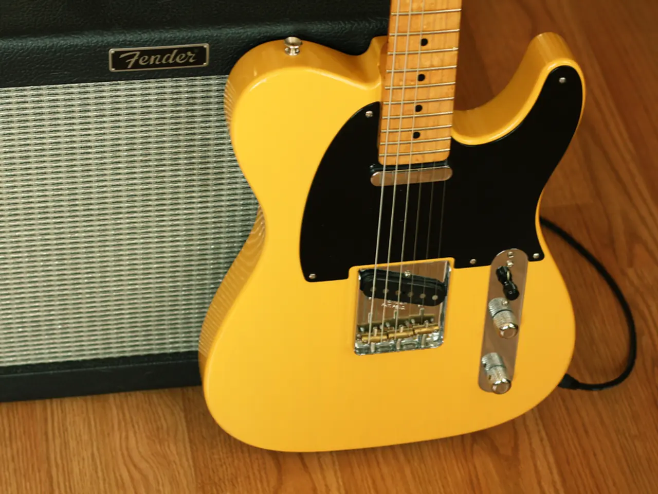 In this picture in the front there is a guitar and there is a wire attached to the guitar and in...