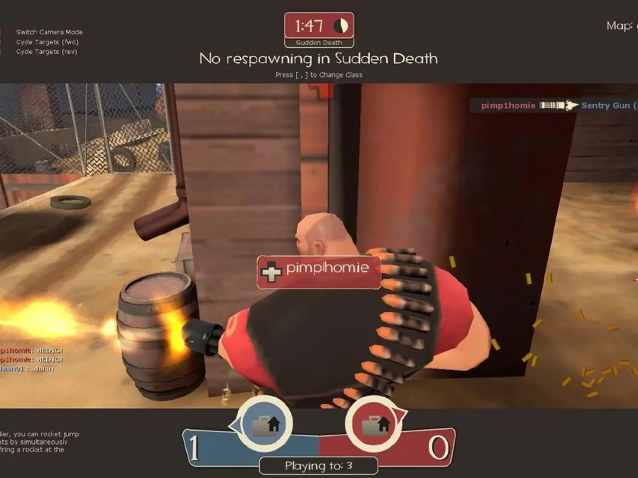 In this image we can see an animation picture. In the picture there are fences, barrels, persons...