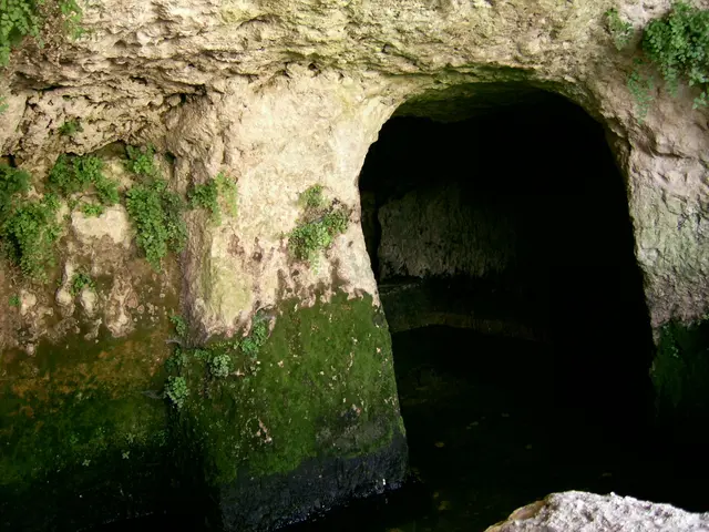 In the foreground of this image, there is an arch to the rock. At the bottom, there is water and a...
