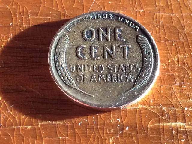 In this image I can see a coin and something is written on it. It is on the brown color board.