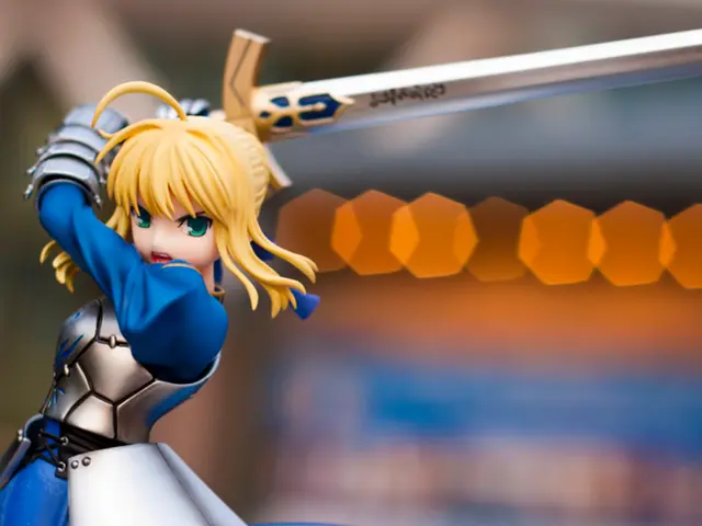 It is an animated image of a girl holding the sword in her hand. There is some text at the bottom...